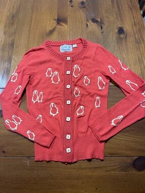 Field Flower Anthropologie Womens Red Button Up Penguin Cardigan Sweater Size Sm